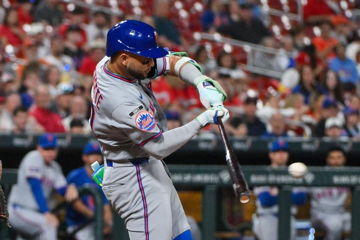 Mar 30, 2026; St. Louis, Missouri, USA; New York Mets third baseman Bo Bichette (19) hits a one run single against the St. Louis Cardinals during the fifth inning at Busch Stadium. Mandatory Credit: Jeff Curry-Imagn Images