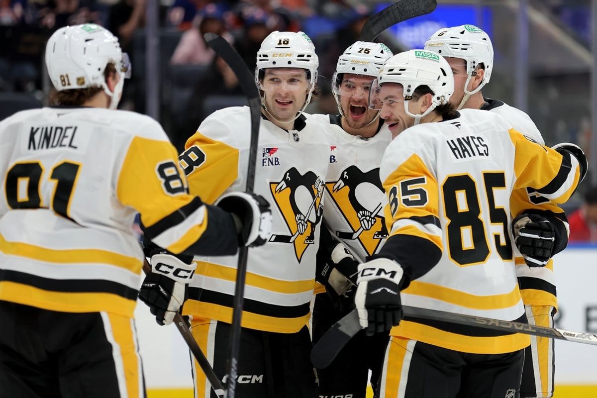 Mar 30, 2026; Elmont, New York, USA; Pittsburgh Penguins right wing Avery Hayes (85) celebrates his goal against the New York Islanders with centers Ben Kindel (81) and Tommy Novak (18) and defensemen Connor Clifton (75) and Ryan Shea (5) during the third period at UBS Arena. Mandatory Credit: Brad Penner-Imagn Images