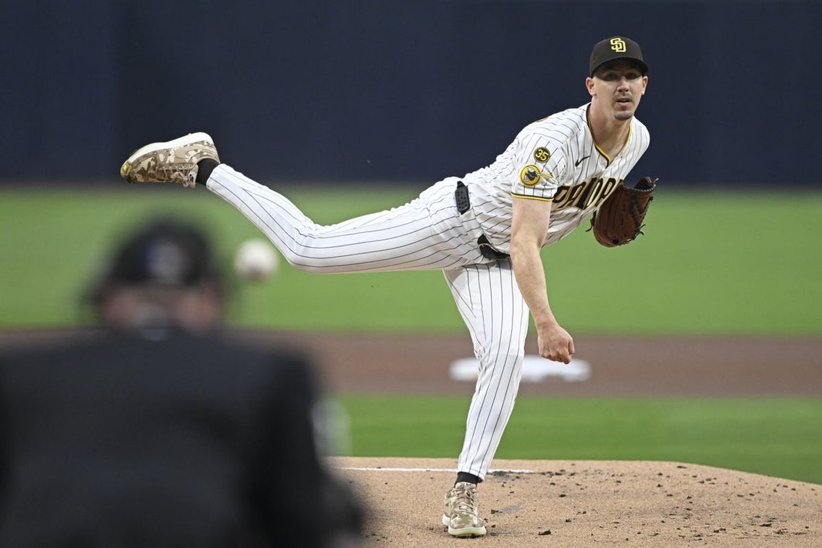 Mar 30, 2026; San Diego, California, USA; San Diego Padres starting pitcher Walker Buehler (10) delivers during the first inning against the San Francisco Giants at Petco Park. Mandatory Credit: Denis Poroy-Imagn Images