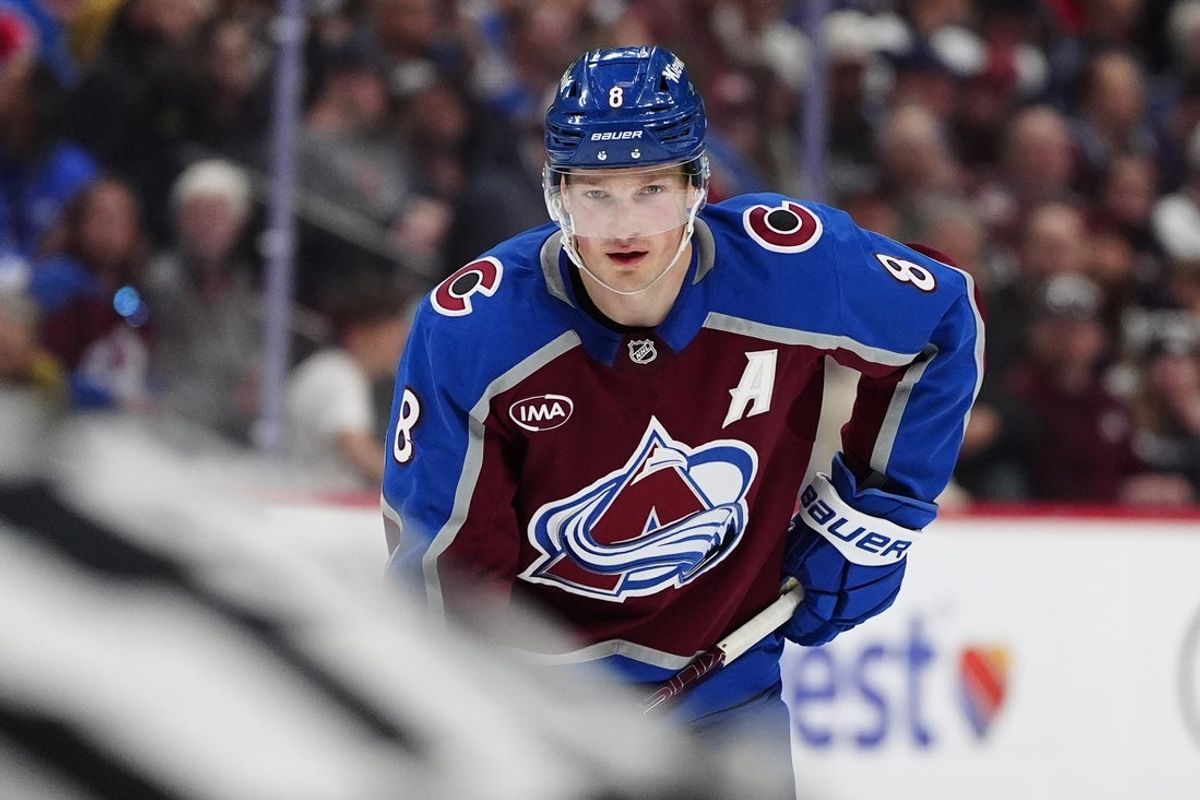 Mar 30, 2026; Denver, Colorado, USA; Colorado Avalanche defenseman Cale Makar (8) during the second period against the Calgary Flames at Ball Arena. Mandatory Credit: Ron Chenoy-Imagn Images