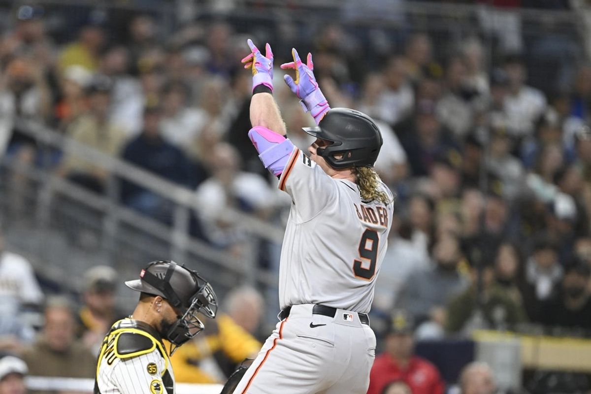 Mar 30, 2026; San Diego, California, USA; San Francisco Giants center fielder Harrison Bader (9) rounds the bases after hitting a solo home run during the third inning against the San Diego Padres at Petco Park. Mandatory Credit: Denis Poroy-Imagn Images
