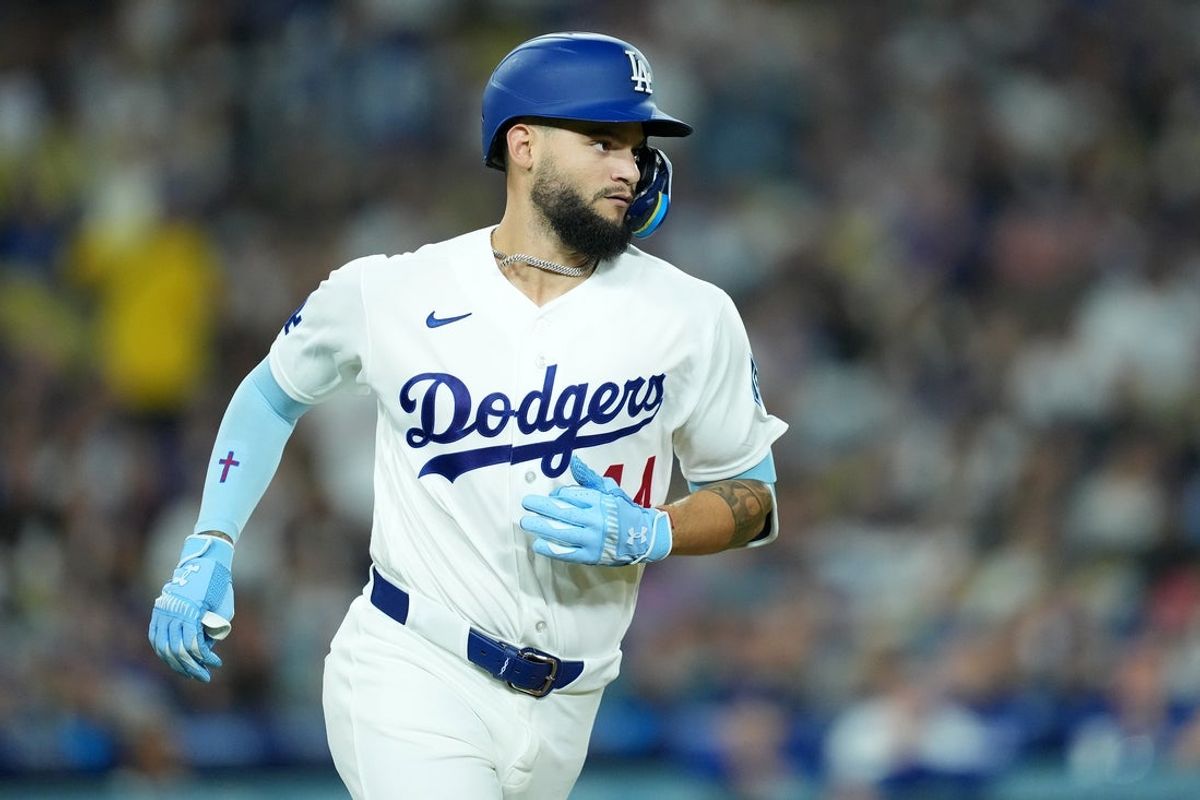 Mar 30, 2026; Los Angeles, California, USA; Los Angeles Dodgers center fielder Andy Pages (44) runs to first base after hitting a single against the Cleveland Guardians in the second inning at Dodger Stadium. Mandatory Credit: Kirby Lee-Imagn Images