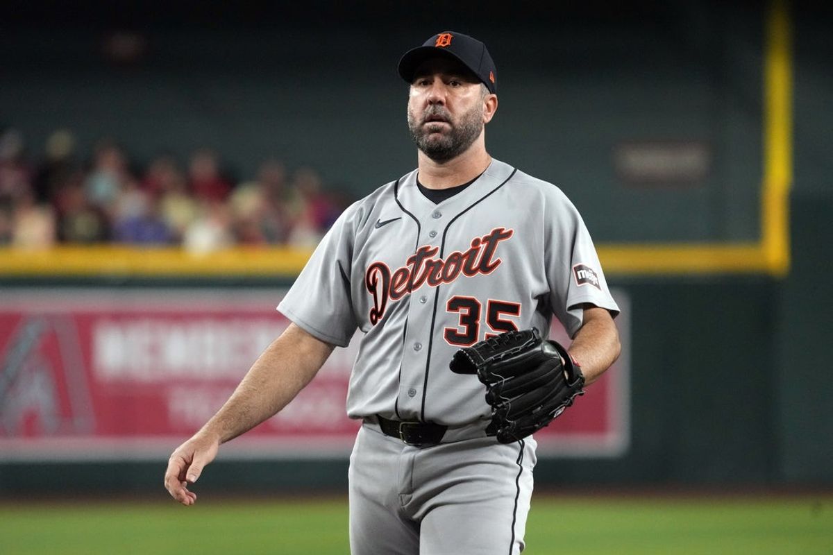 Mar 30, 2026; Phoenix, Arizona, USA; Detroit Tigers pitcher Justin Verlander (35) throws against the Arizona Diamondbacks in the first inning at Chase Field. Mandatory Credit: Rick Scuteri-Imagn Images