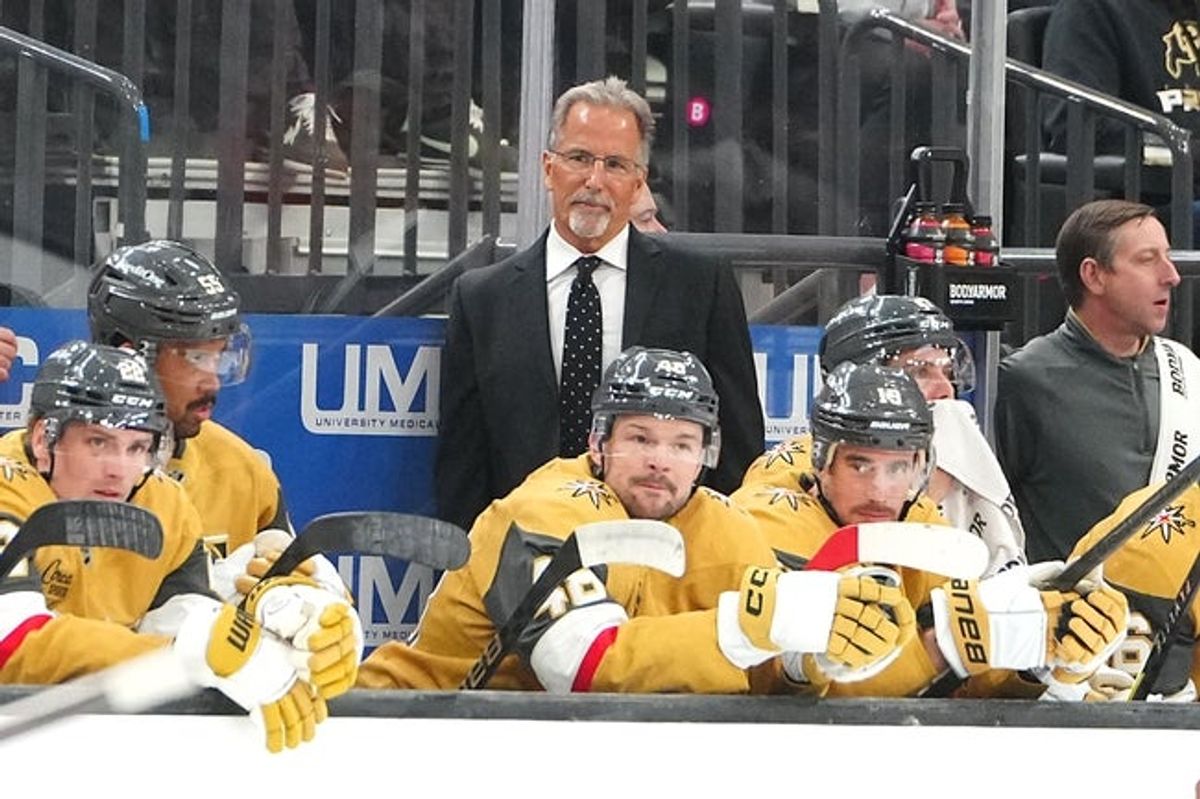 Mar 30, 2026; Las Vegas, Nevada, USA; Vegas Golden Knights head coach John Tortorella watches play between the Golden Knights and Vancouver Canucks during the first period at T-Mobile Arena. Mandatory Credit: Stephen R. Sylvanie-Imagn Images