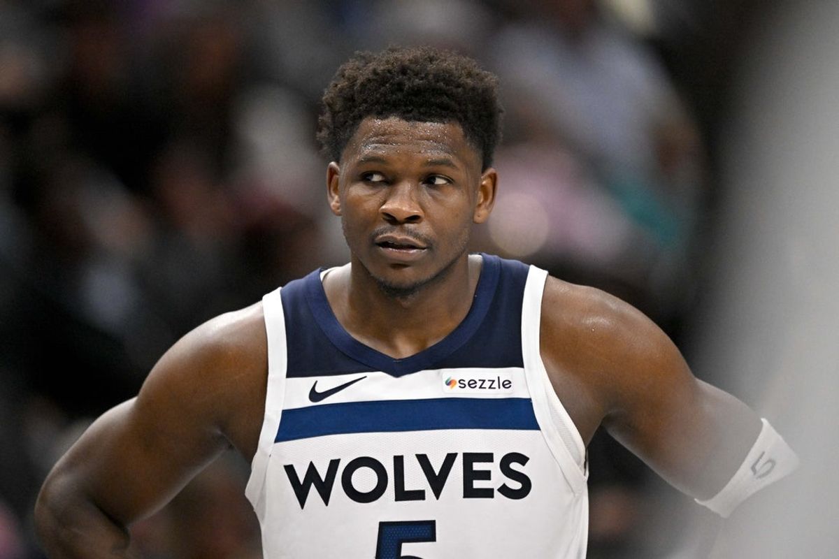 Mar 30, 2026; Dallas, Texas, USA; Minnesota Timberwolves guard Anthony Edwards (5) looks on during the second half against the Dallas Mavericks at the American Airlines Center. Mandatory Credit: Jerome Miron-Imagn Images