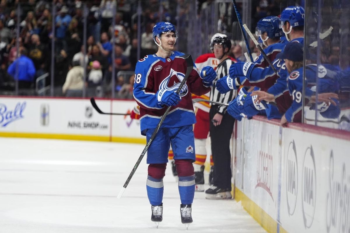 Mar 30, 2026; Denver, Colorado, USA; Colorado Avalanche center Martin Necas (88) celebrates his goal scored in the third period against the Calgary Flames at Ball Arena. Mandatory Credit: Ron Chenoy-Imagn Images