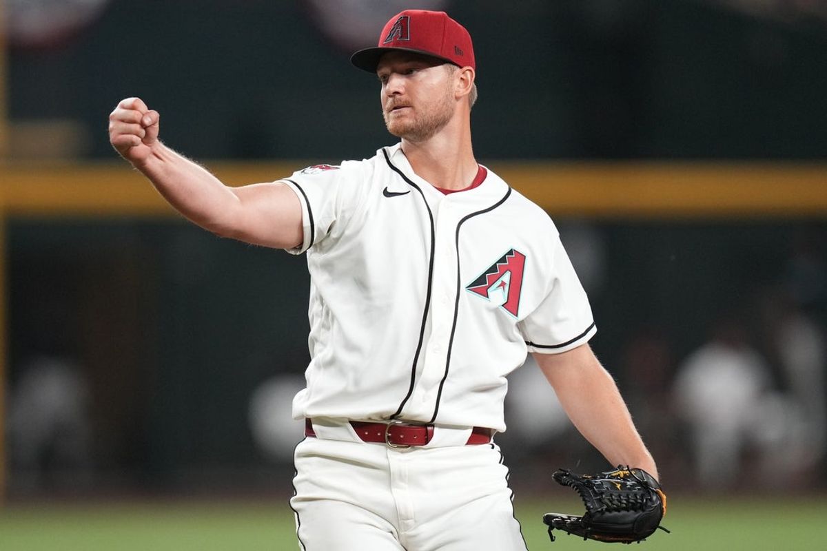 Arizona Diamondbacks right-hander Michael Soroka (34) reacts after striking out a batter to end the inning against the Detroit Tigers at Chase Field on March 30, 2026.