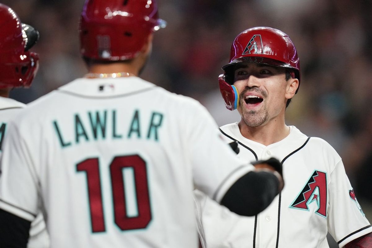 Arizona Diamondbacks Corbin Carroll (7) celebrates a 3-run home run against the Detroit Tigers at Chase Field on March 30, 2026.
