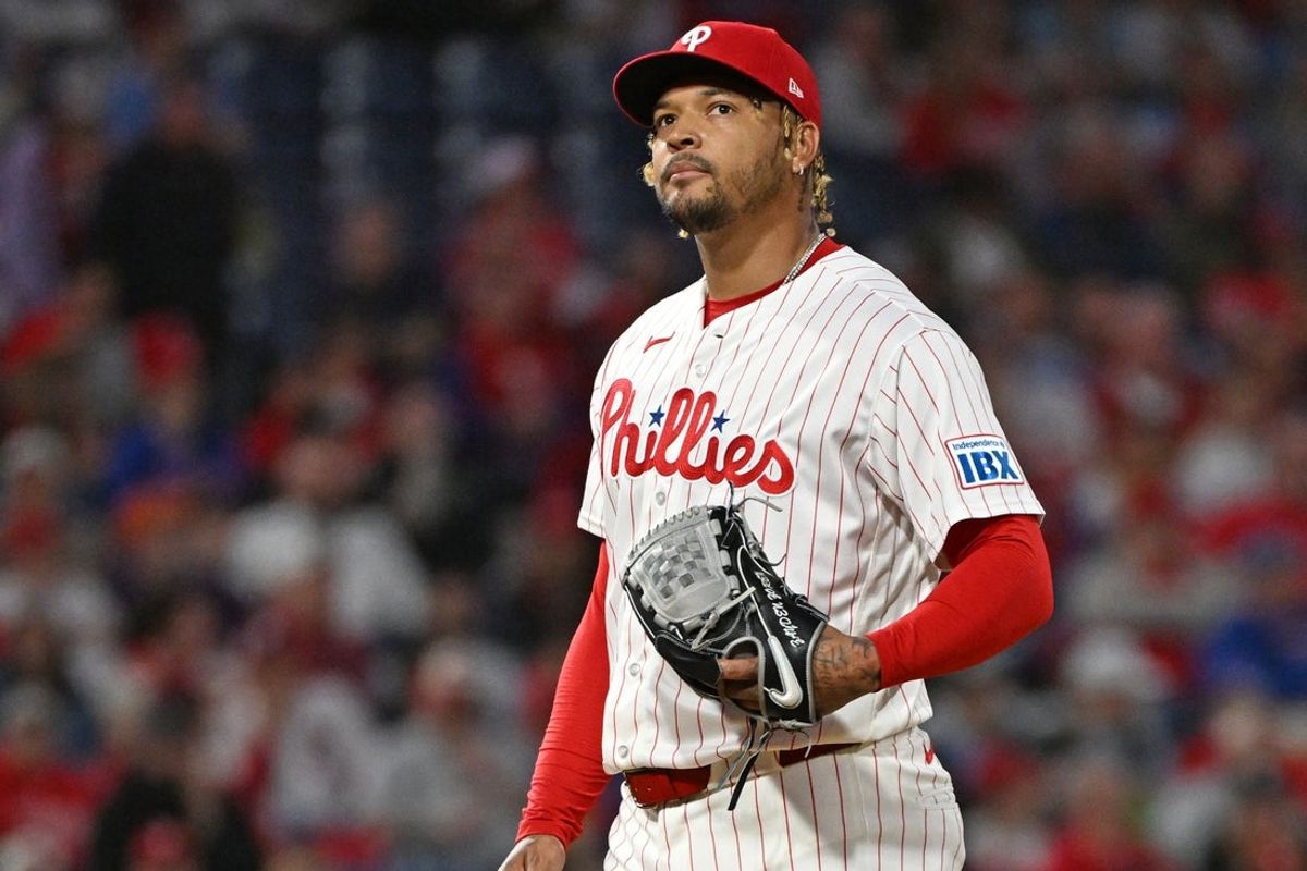 Mar 30, 2026; Philadelphia, Pennsylvania, USA; Philadelphia Phillies pitcher Taijuan Walker (99) reacts against the Washington Nationals during the third inning at Citizens Bank Park. Mandatory Credit: Eric Hartline-Imagn Images