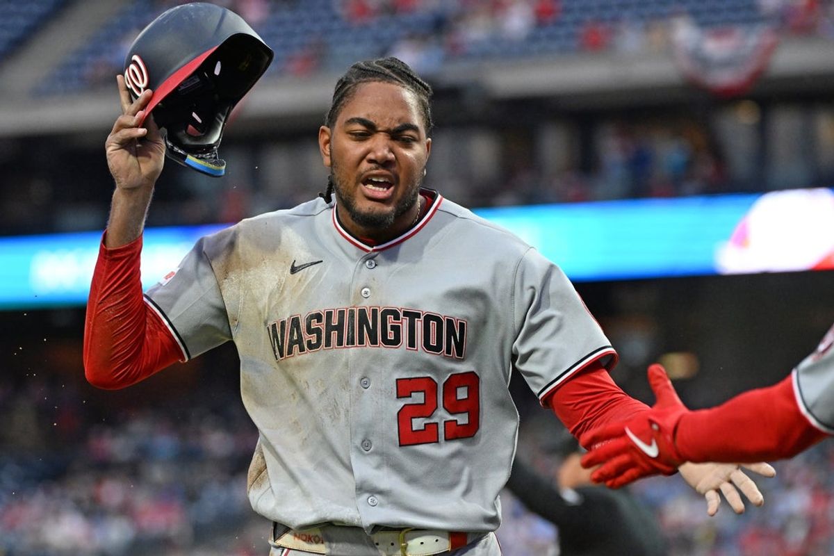 Mar 30, 2026; Philadelphia, Pennsylvania, USA; Washington Nationals left fielder James Wood (29) reacts after scoring a run against the Philadelphia Phillies during the first inning at Citizens Bank Park. Mandatory Credit: Eric Hartline-Imagn Images