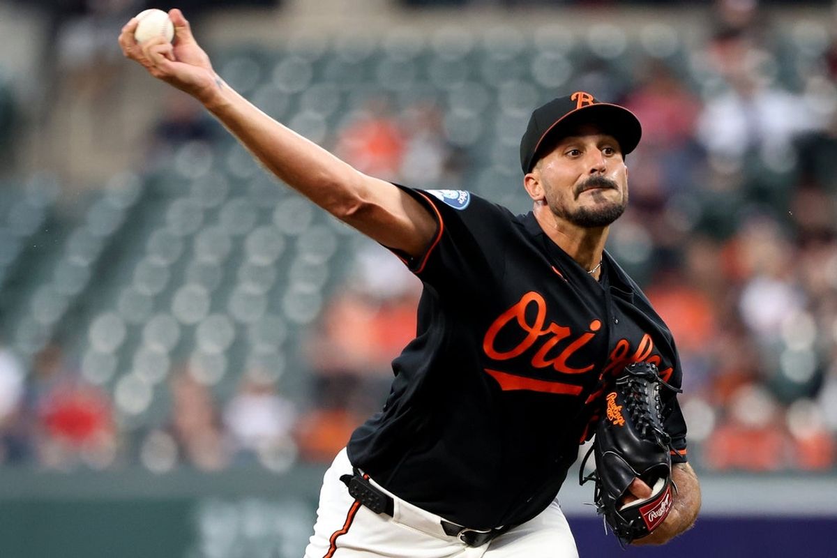 Mar 31, 2026; Baltimore, Maryland, USA; Baltimore Orioles pitcher Zach Eflin (24) throws during the second inning against the Texas Rangers at Oriole Park at Camden Yards. Mandatory Credit: Daniel Kucin Jr.-Imagn Images