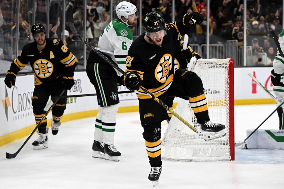 Mar 31, 2026; Boston, Massachusetts, USA; Boston Bruins left wing Viktor Arvidsson (71) reacts after scoring a goal against the Dallas Stars during the first period at the TD Garden. Mandatory Credit: Brian Fluharty-Imagn Images