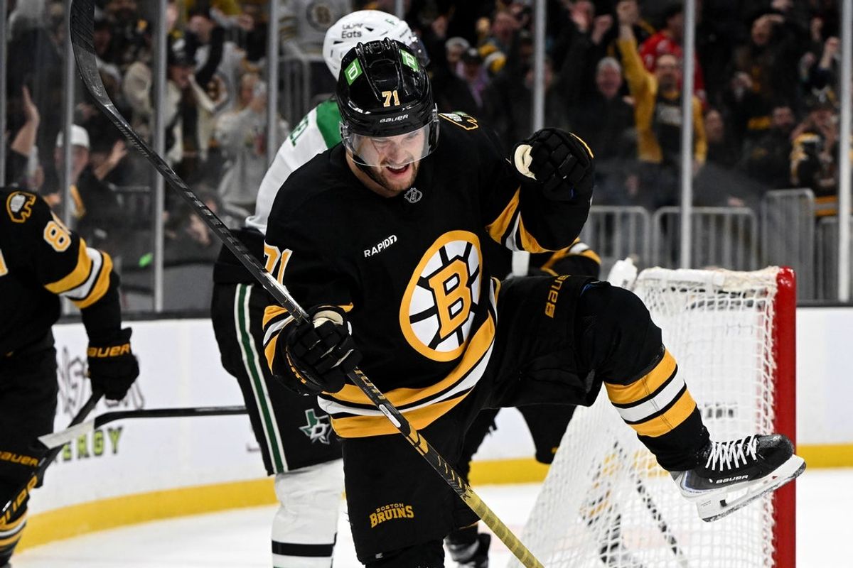 Mar 31, 2026; Boston, Massachusetts, USA; Boston Bruins left wing Viktor Arvidsson (71) reacts after scoring a goal against the Dallas Stars during the first period at the TD Garden. Mandatory Credit: Brian Fluharty-Imagn Images