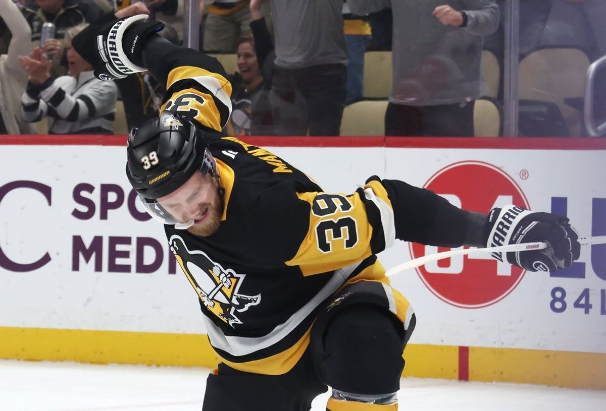 Mar 31, 2026; Pittsburgh, Pennsylvania, USA;  Pittsburgh Penguins right wing Anthony Mantha (39) reacts after scoring a goal against the Detroit Red Wings during the first period at PPG Paints Arena. Mandatory Credit: Charles LeClaire-Imagn Images