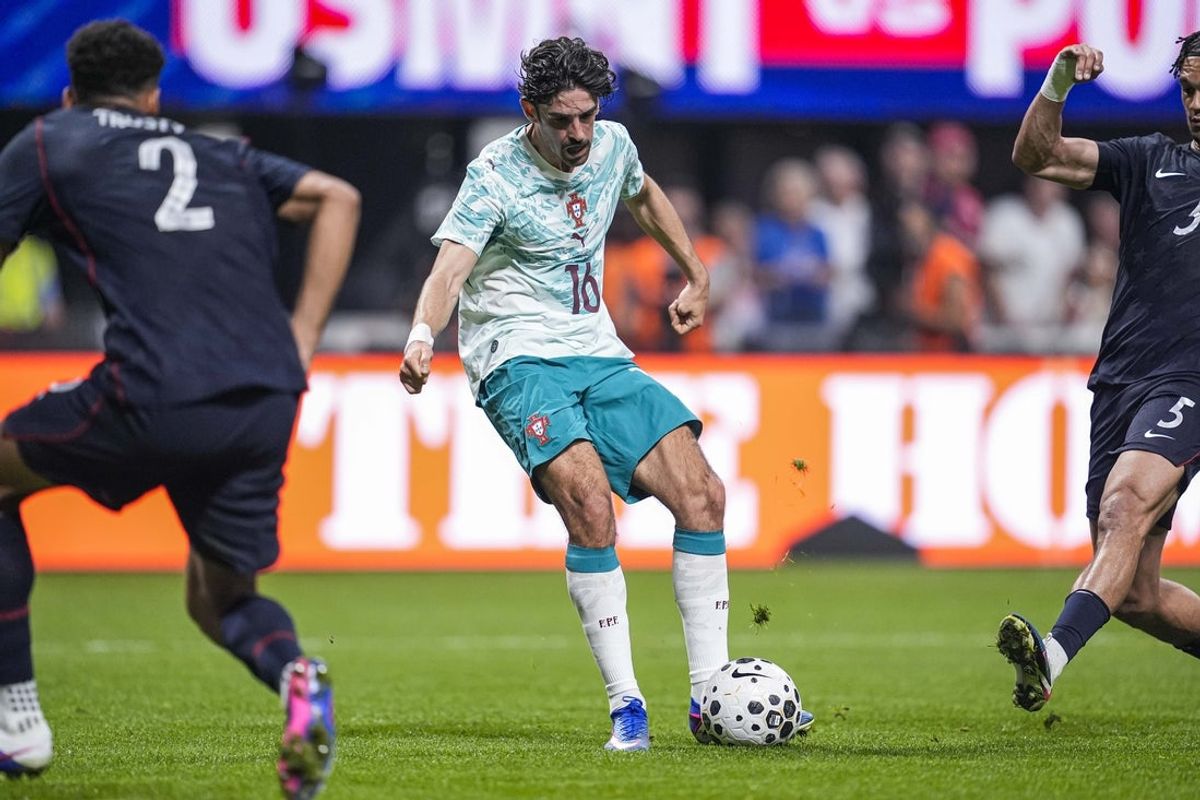 Mar 31, 2026; Atlanta, Georgia, USA; Portugal forward Francisco Trincao(16) scores a goal against the United States during the first half at Mercedes-Benz Stadium. Mandatory Credit: Dale Zanine-Imagn Images