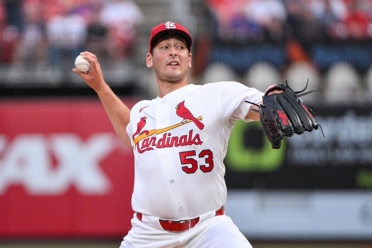 Mar 31, 2026; St. Louis, Missouri, USA; St. Louis Cardinals starting pitcher Andre Pallante (53) pitches against the New York Mets during the first inning at Busch Stadium. Mandatory Credit: Jeff Curry-Imagn Images