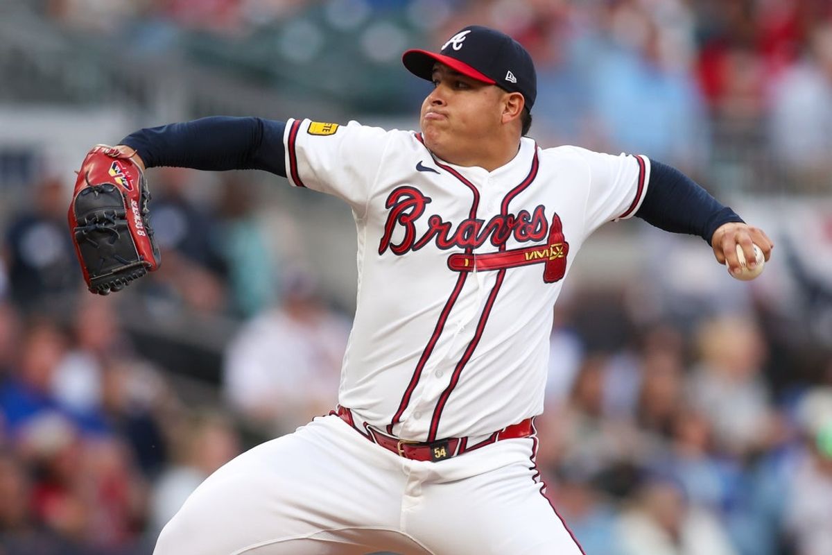 Mar 31, 2026; Atlanta, Georgia, USA; Atlanta Braves starting pitcher Jose Suarez (54) throws against the Athletics in the first inning at Truist Park. Mandatory Credit: Brett Davis-Imagn Images