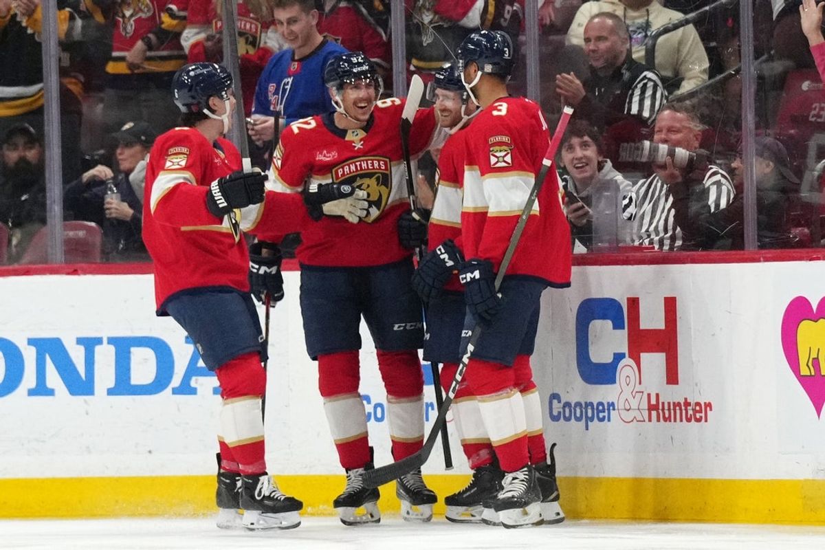 Mar 31, 2026; Sunrise, Florida, USA;  Florida Panthers center Noah Gregor (18) celebrates a goal in the during the first period with teammates against the Ottawa Senators at Amerant Bank Arena. Mandatory Credit: Jim Rassol-Imagn Images