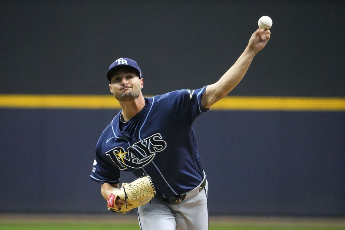 Mar 31, 2026; Milwaukee, Wisconsin, USA; Tampa Bay Rays pitcher Shane McClanahan (18) delivers a pitch against the Milwaukee Brewers in the first inning at American Family Field. Mandatory Credit: Michael McLoone-Imagn Images