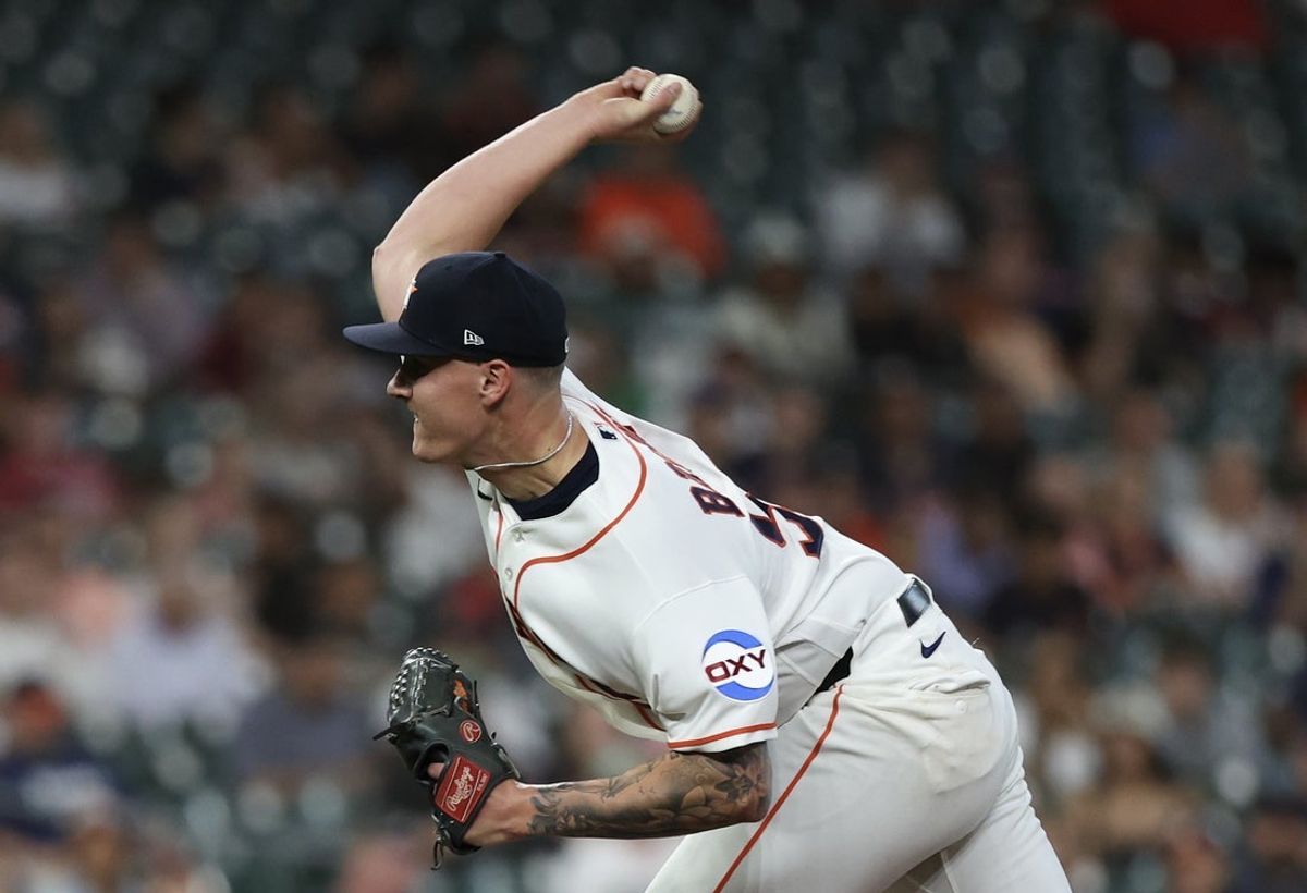 Mar 31, 2026; Houston, Texas, USA; Houston Astros starting pitcher Hunter Brown (58) pitches against the Boston Red Sox in the first inning at Daikin Park. Mandatory Credit: Thomas Shea-Imagn Images