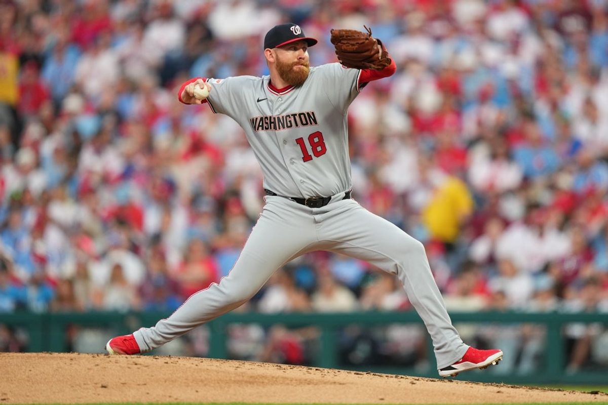 Mar 31, 2026; Philadelphia, Pennsylvania, USA; Washington Nationals starting pitcher Zack Littell (18) throws a pitch against the Philadelphia Phillies in the second inning at Citizens Bank Park. Mandatory Credit: Kyle Ross-Imagn Images