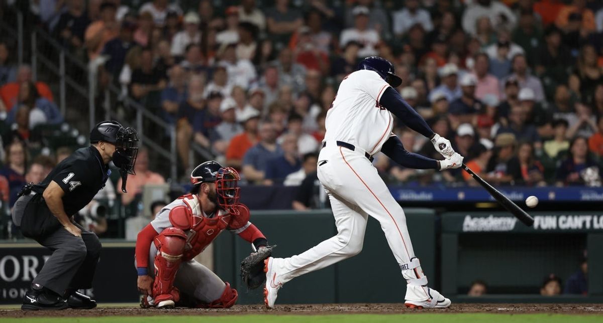 Mar 31, 2026; Houston, Texas, USA; Houston Astros designated hitter Yordan Alvarez (44) hits a home run against the Boston Red Sox in the fifth inning at Daikin Park. Mandatory Credit: Thomas Shea-Imagn Images