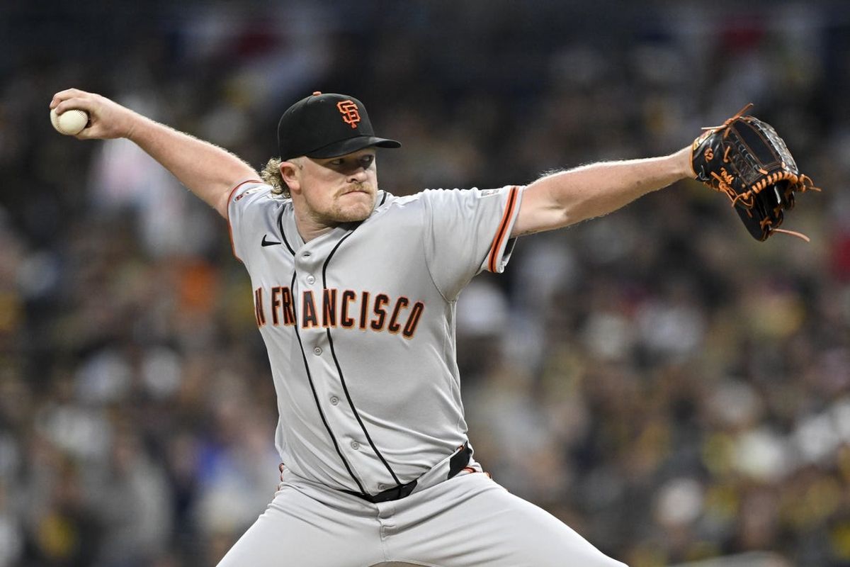 Mar 31, 2026; San Diego, California, USA; San Francisco Giants starting pitcher Logan Webb (62) throws during the first inning against the San Diego Padres at Petco Park. Mandatory Credit: Denis Poroy-Imagn Images