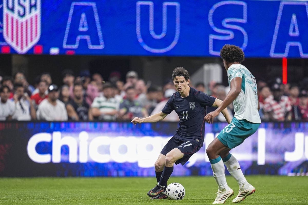 Mar 31, 2026; Atlanta, Georgia, USA; United States forward Brenden Aaronson (11) controls the ball against Portugal at Mercedes-Benz Stadium. Mandatory Credit: Dale Zanine-Imagn Images
