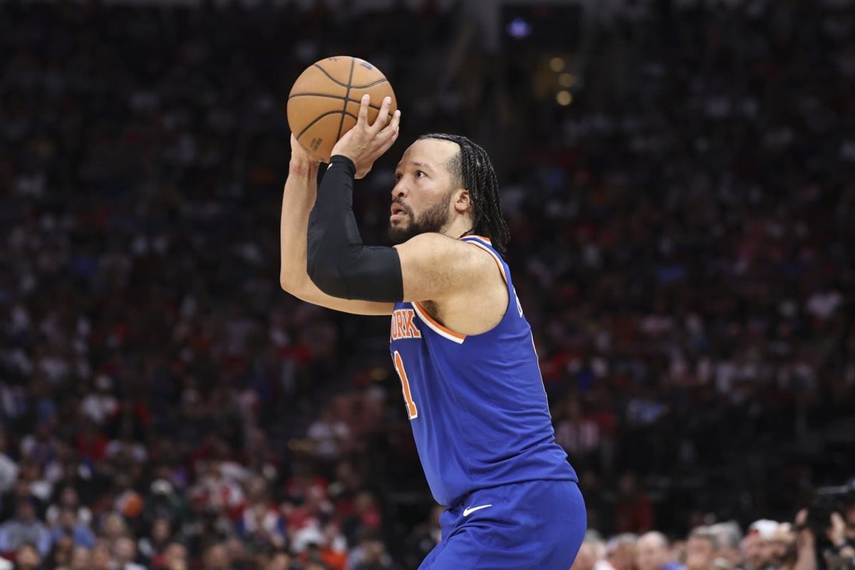 Mar 31, 2026; Houston, Texas, USA; New York Knicks guard Jalen Brunson (11) shoots the ball during the third quarter against the Houston Rockets at Toyota Center. Mandatory Credit: Troy Taormina-Imagn Images