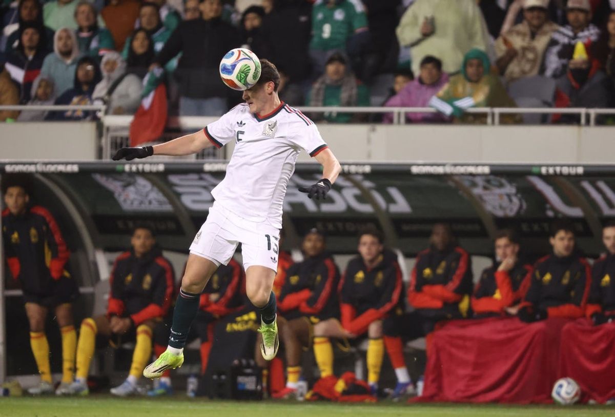 Mar 31, 2026; Chicago, IL, USA; Mexico goalkeeper Guillermo Ochoa (13) heads the ball during the second half against Belgium at Soldier Field. Mandatory Credit: Talia Sprague-Imagn Images