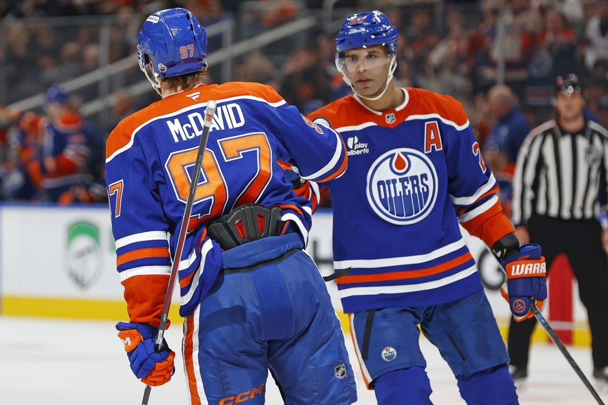 Mar 31, 2026; Edmonton, Alberta, CAN; The Edmonton Oilers celebrate a goal scored by forward Connor McDavid (97) during the third period against the Seattle Kraken at Rogers Place. Mandatory Credit: Perry Nelson-Imagn Images