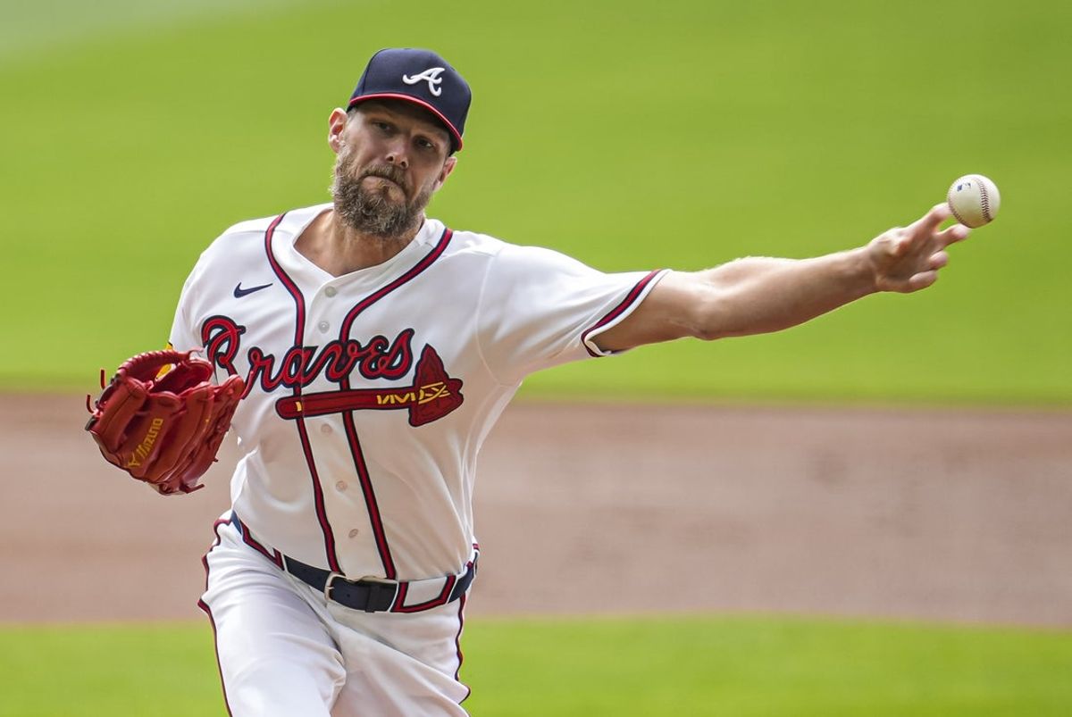 Apr 1, 2026; Cumberland, Georgia, USA; Atlanta Braves pitcher Chris Sale (51) pitches against the Athletics during the first inning at Truist Park. Mandatory Credit: Dale Zanine-Imagn Images