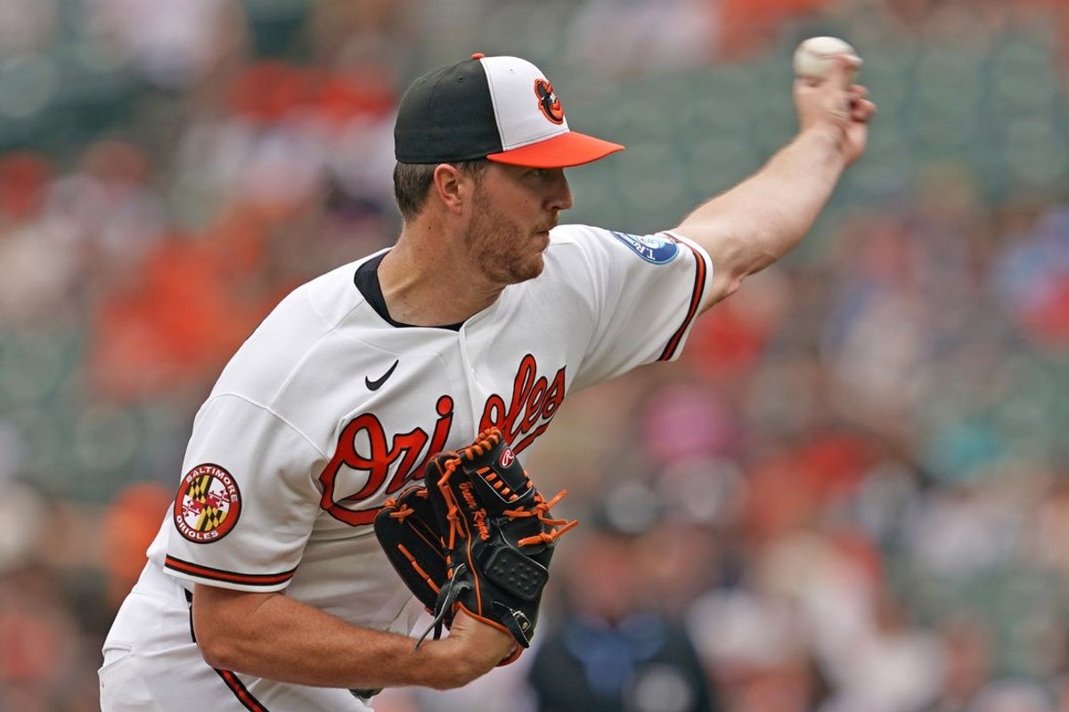 Apr 1, 2026; Baltimore, Maryland, USA; Baltimore Orioles pitcher Trevor Rogers (28) delivers during the third inning against the Texas Rangers at Oriole Park at Camden Yards. Mandatory Credit: Mitch Stringer-Imagn Images