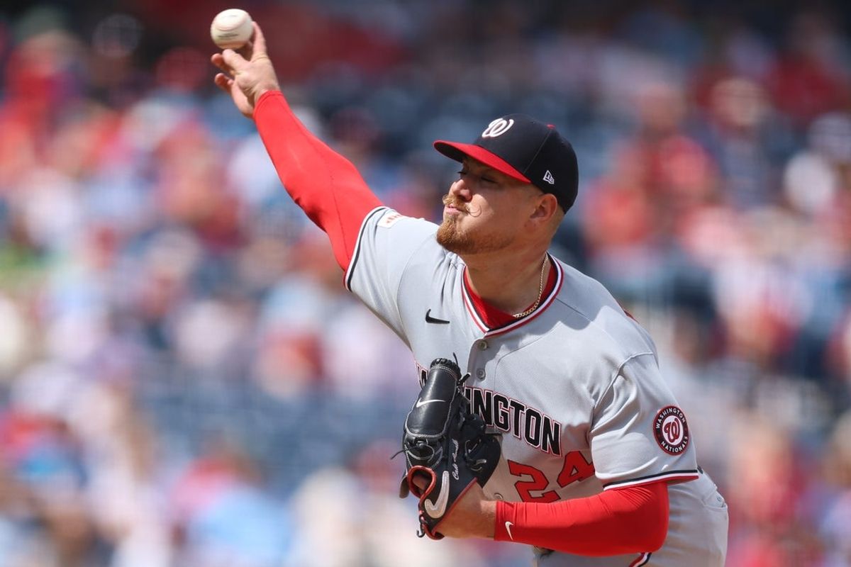 Apr 1, 2026; Philadelphia, Pennsylvania, USA; Washington Nationals pitcher Cade Cavalli (24) throws a pitch during the first inning against the Philadelphia Phillies at Citizens Bank Park. Mandatory Credit: Bill Streicher-Imagn Images