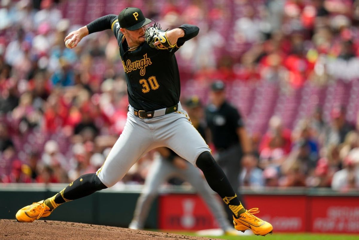 Pittsburgh Pirates pitcher Paul Skenes (30) throws a pitch in the first inning of the MLB National League game between the Cincinnati Reds and the Pittsburgh Pirates at Great American Ball Park in downtown Cincinnati on Wednesday, April 1, 2026.