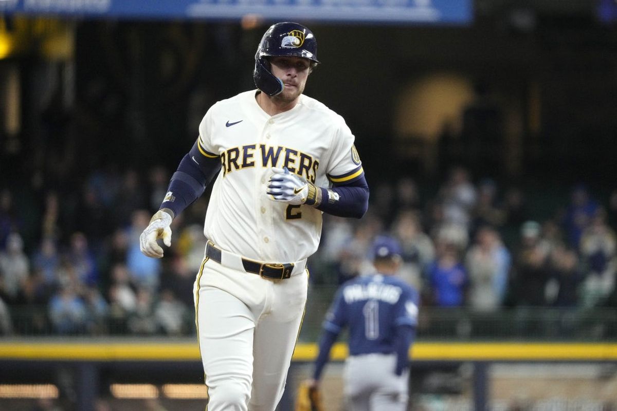 Apr 1, 2026; Milwaukee, Wisconsin, USA; Milwaukee Brewers second baseman Brice Turang (2) rounds the bases after hitting a home run against the Tampa Bay Rays in the third inning at American Family Field. Mandatory Credit: Michael McLoone-Imagn Images