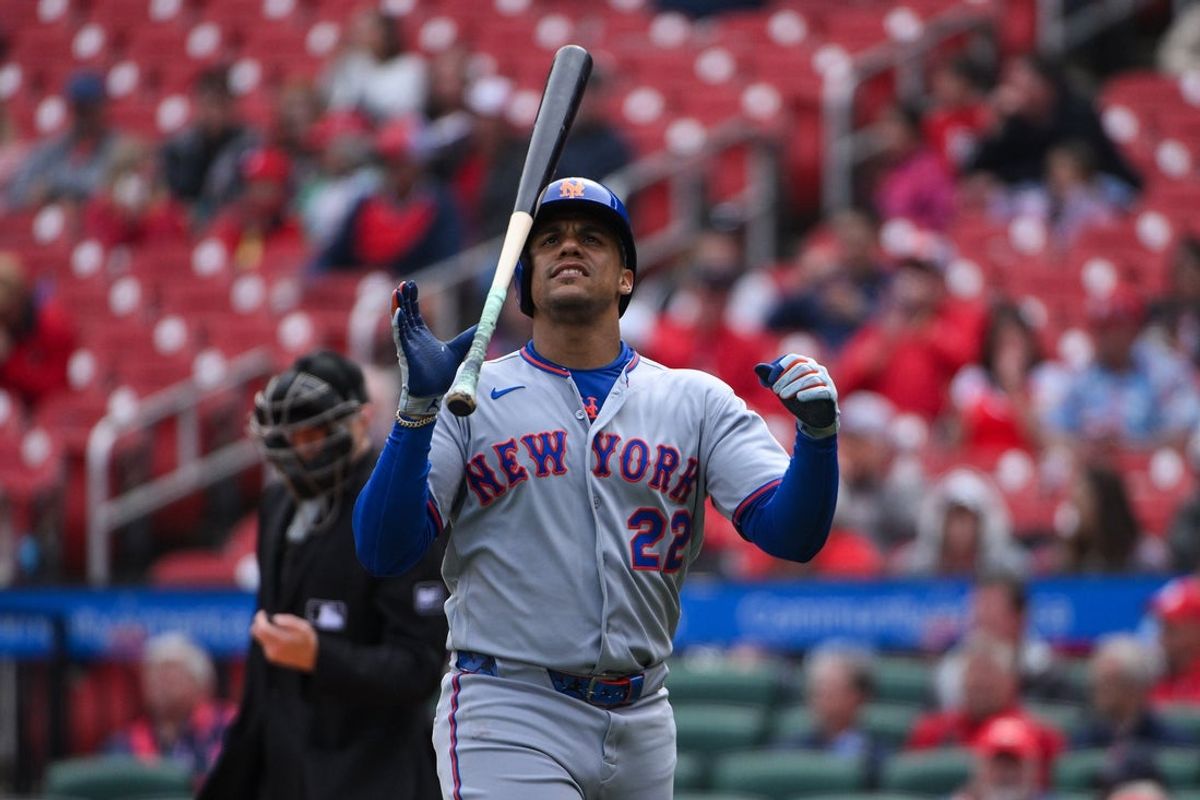 Apr 1, 2026; St. Louis, Missouri, USA; New York Mets left fielder Juan Soto (22) flips his bat after striking out against the St. Louis Cardinals during the fourth inning at Busch Stadium. Mandatory Credit: Jeff Curry-Imagn Images
