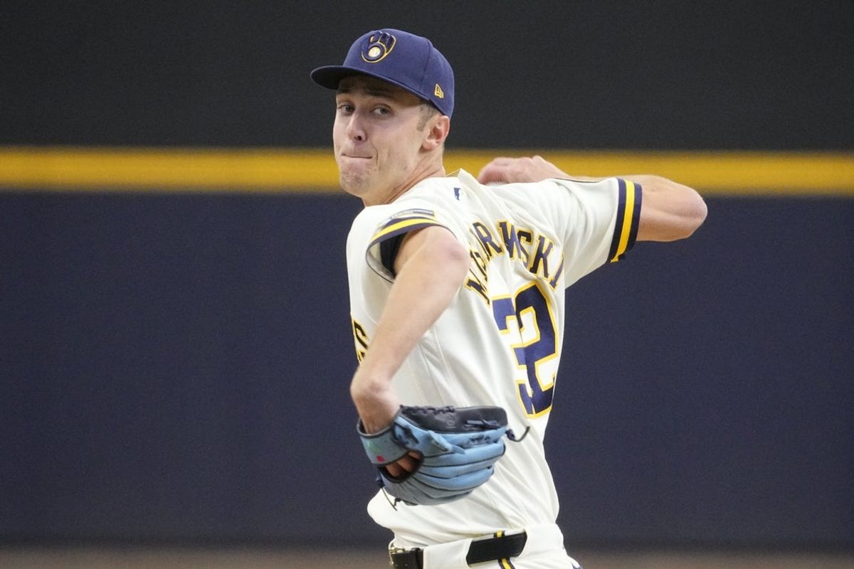 Apr 1, 2026; Milwaukee, Wisconsin, USA; Milwaukee Brewers pitcher Jacob Misiorowski (32) delivers a pitch against the Tampa Bay Rays in the first inning at American Family Field. Mandatory Credit: Michael McLoone-Imagn Images