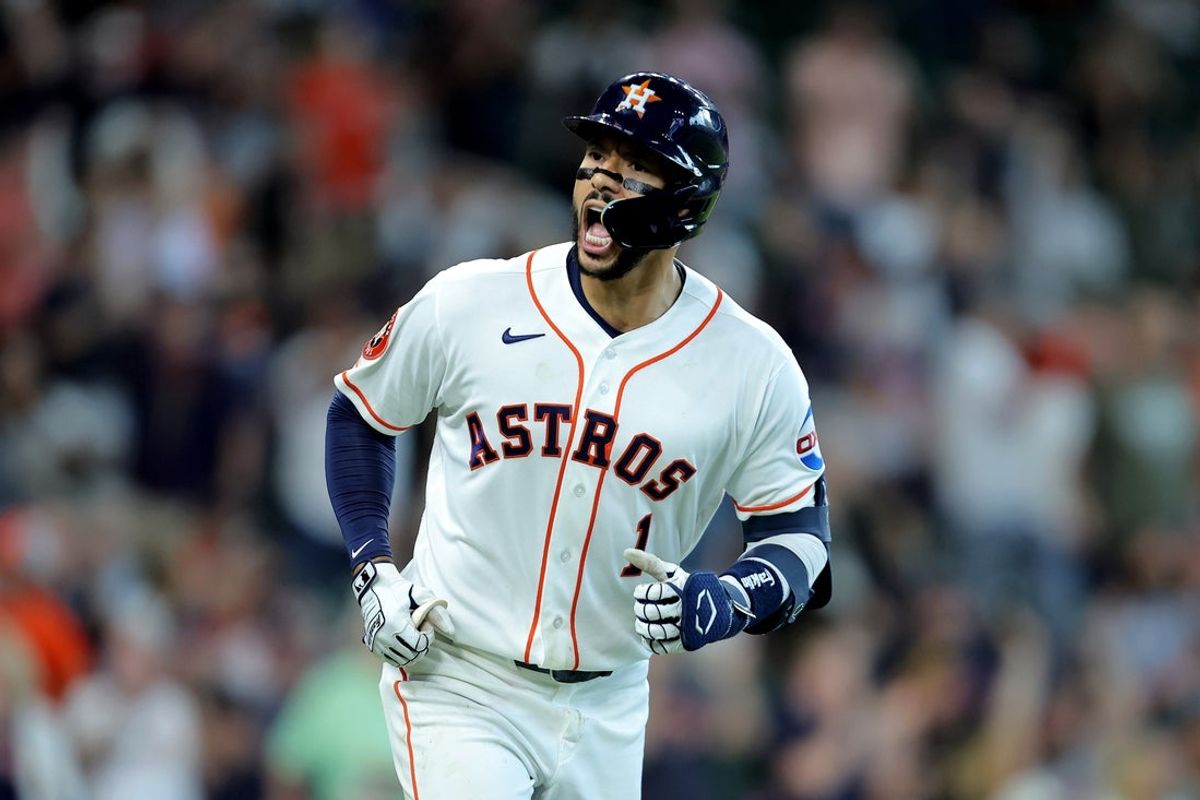 Apr 1, 2026; Houston, Texas, USA; Houston Astros shortstop Carlos Correa (1) reacts after hitting a three-run home run to left field against the Boston Red Sox during the fifth inning at Daikin Park. Mandatory Credit: Erik Williams-Imagn Images