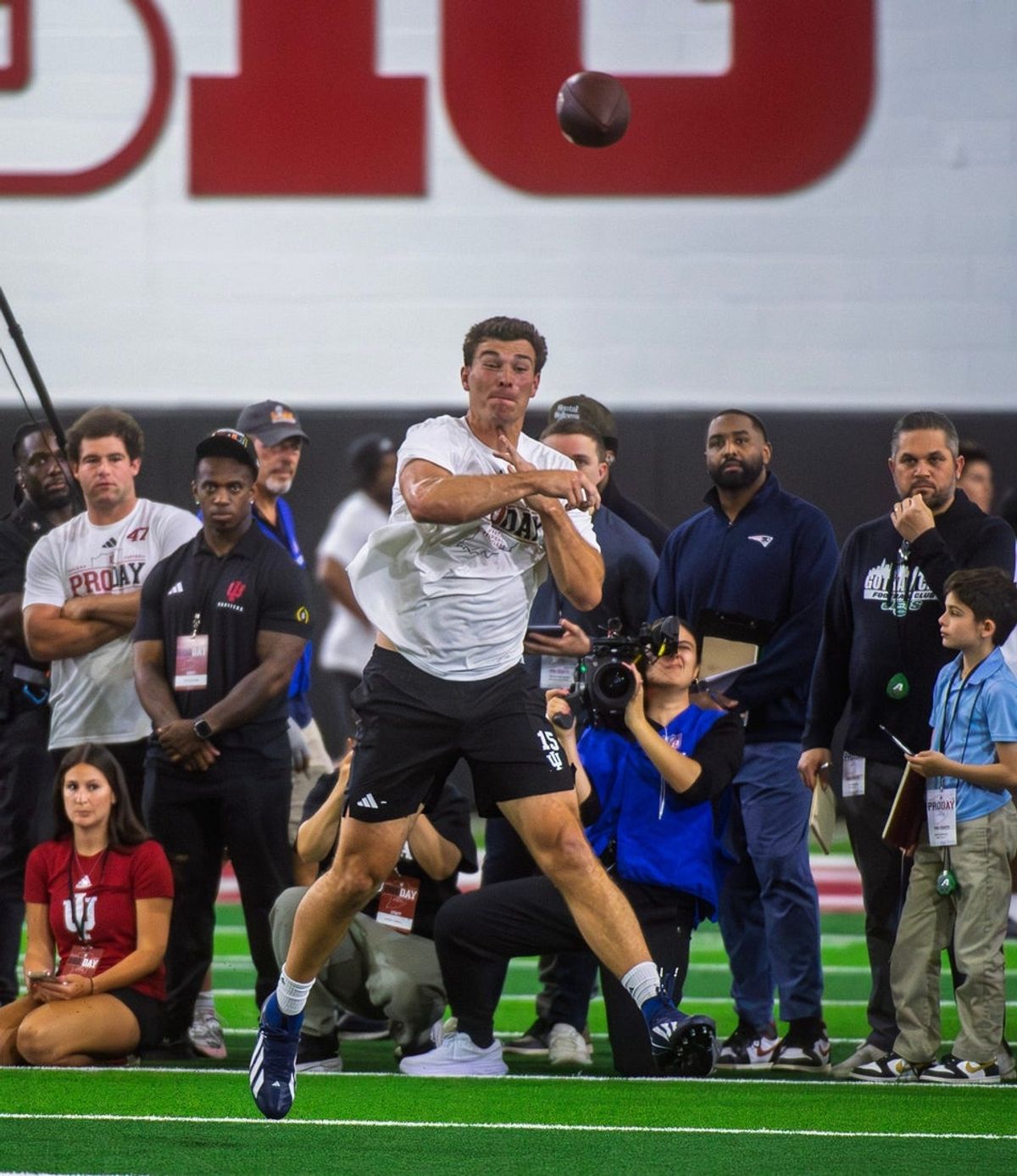 Fernando Mendoza participates in Indiana University's Pro Day at Mellencamp Pavilion on Wednesday, April 1, 2026.