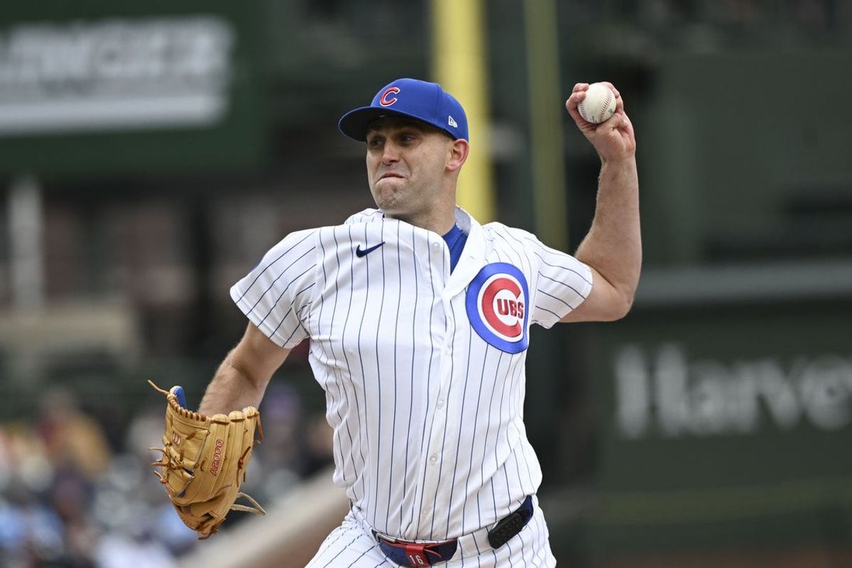 Apr 1, 2026; Chicago, Illinois, USA;  Chicago Cubs pitcher Matthew Boyd (16) delivers during the first inning against the Los Angeles Angels at Wrigley Field. Mandatory Credit: Matt Marton-Imagn Images