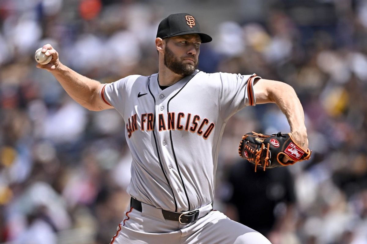 Apr 1, 2026; San Diego, California, USA; San Francisco Giants pitcher Adrian Houser (12) delivers during the first inning against the San Diego Padres at Petco Park. Mandatory Credit: Denis Poroy-Imagn Images