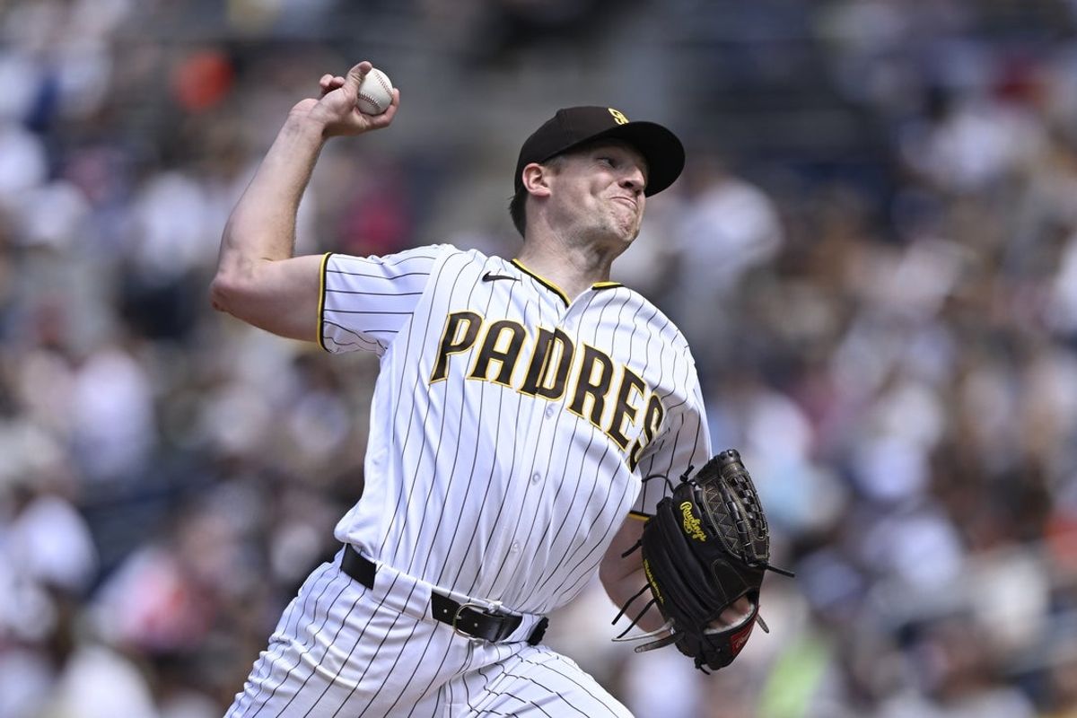 Apr 1, 2026; San Diego, California, USA; San Diego Padres starting pitcher Nick Pivetta (27) delivers during the first inning against the San Francisco Giants at Petco Park. Mandatory Credit: Denis Poroy-Imagn Images