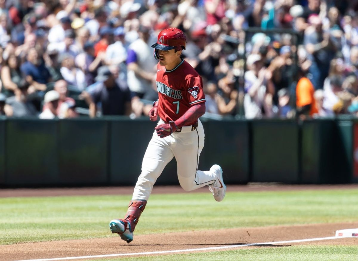 Apr 1, 2026; Phoenix, Arizona, USA; Arizona Diamondbacks outfielder Corbin Carroll rounds the bases after hitting a home run in the first inning against the Detroit Tigers at Chase Field. Mandatory Credit: Mark J. Rebilas-Imagn Images