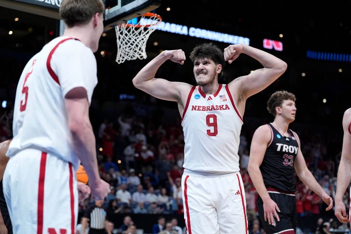 Nebraska Cornhuskers forward Berke Buyuktuncel (9) celebrates during a first-round game in the NCAA men's basketball tournament between Nebraska and Troy at Paycom Center in Oklahoma City, Thursday, March 19, 2026.