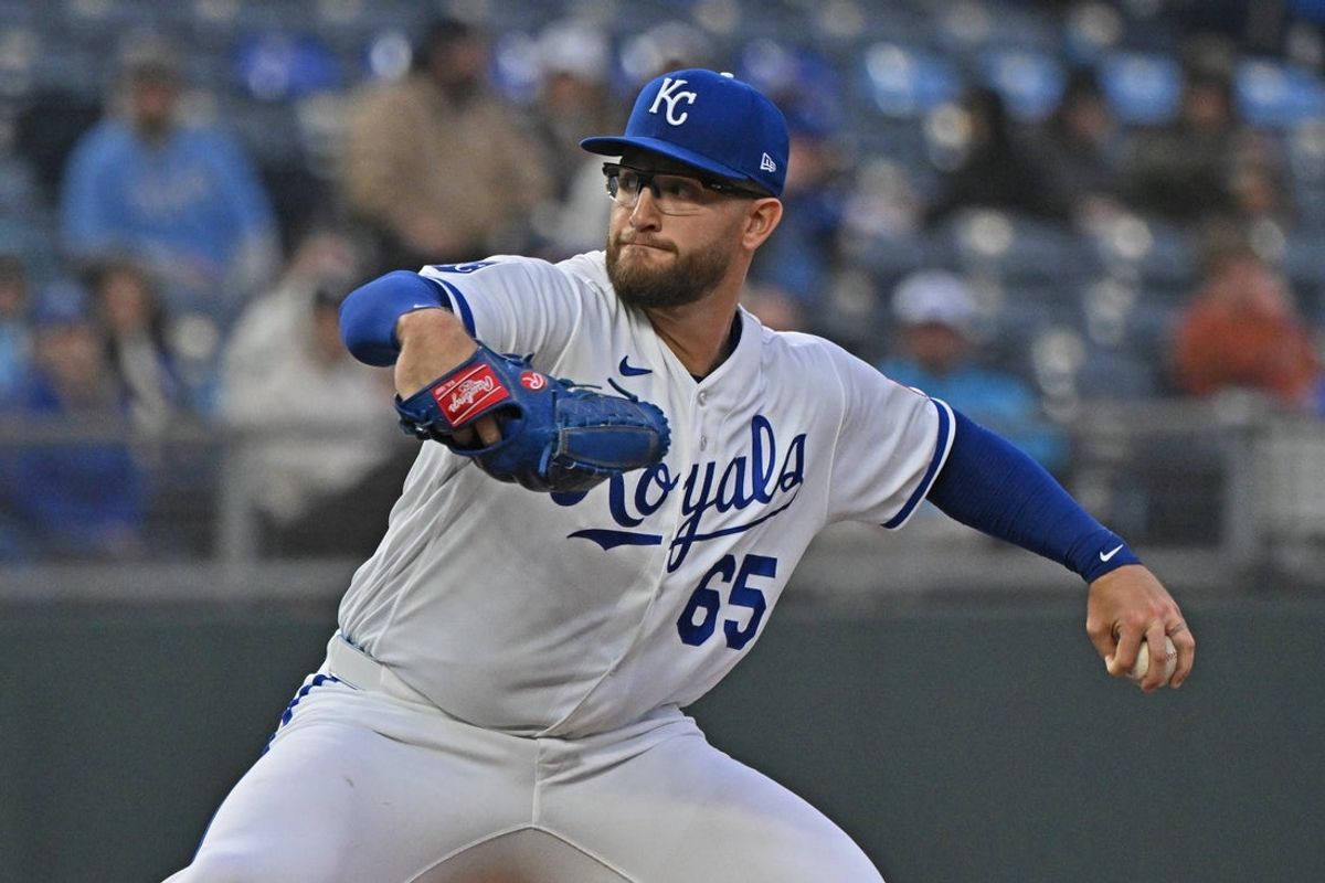 Apr 1, 2026; Kansas City, Missouri, USA;  Kansas City Royals starting pitcher Noah Cameron (65) throws a pitch in the first inning against the Minnesota Twins at Kauffman Stadium. Mandatory Credit: Peter Aiken-Imagn Images