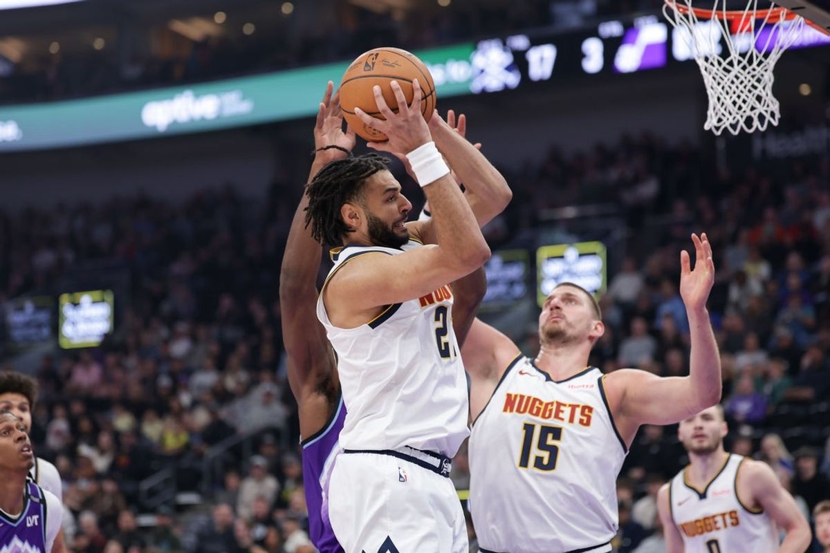 Apr 1, 2026; Salt Lake City, Utah, USA;  Denver Nuggets guard Jamal Murray (27) grabs the rebound during the first quarter against the Utah Jazz at Delta Center. Mandatory Credit: Chris Nicoll-Imagn Images