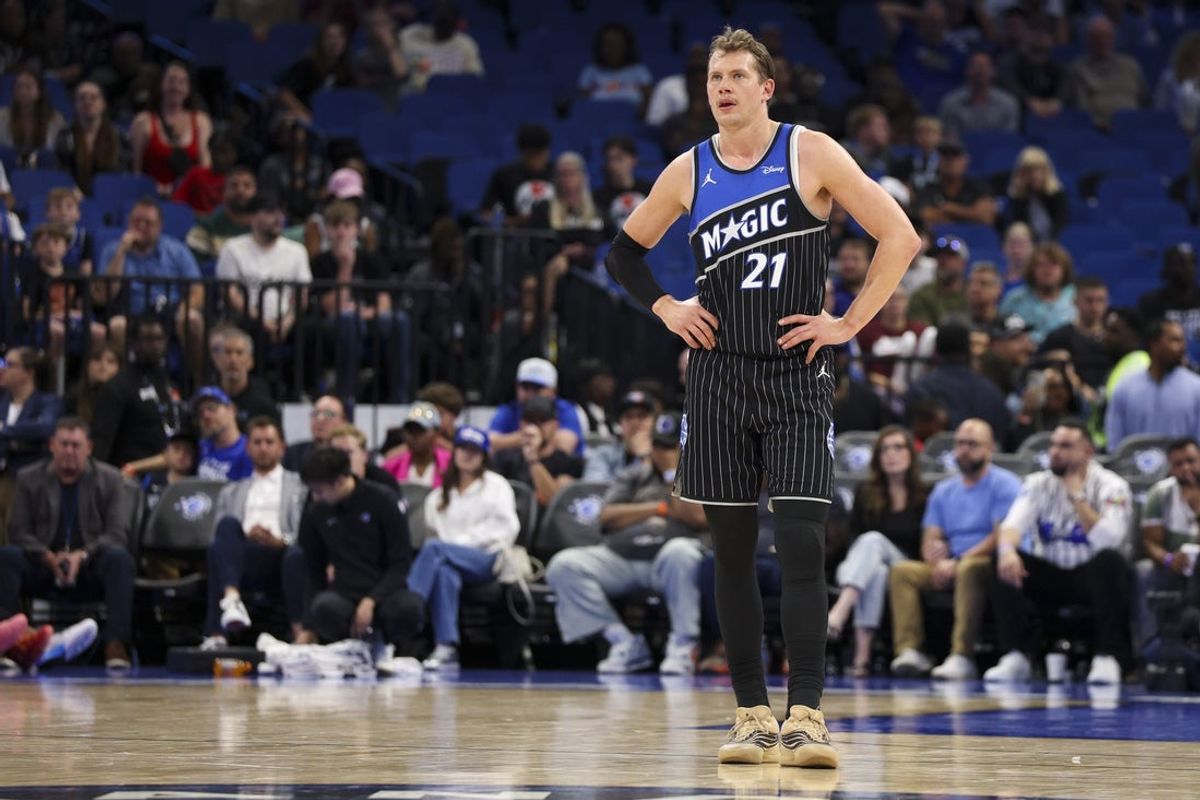 Apr 1, 2026; Orlando, Florida, USA; Orlando Magic forward Moritz Wagner (21) looks on against the Atlanta Hawks in the fourth quarter at Kia Center. Mandatory Credit: Nathan Ray Seebeck-Imagn Images