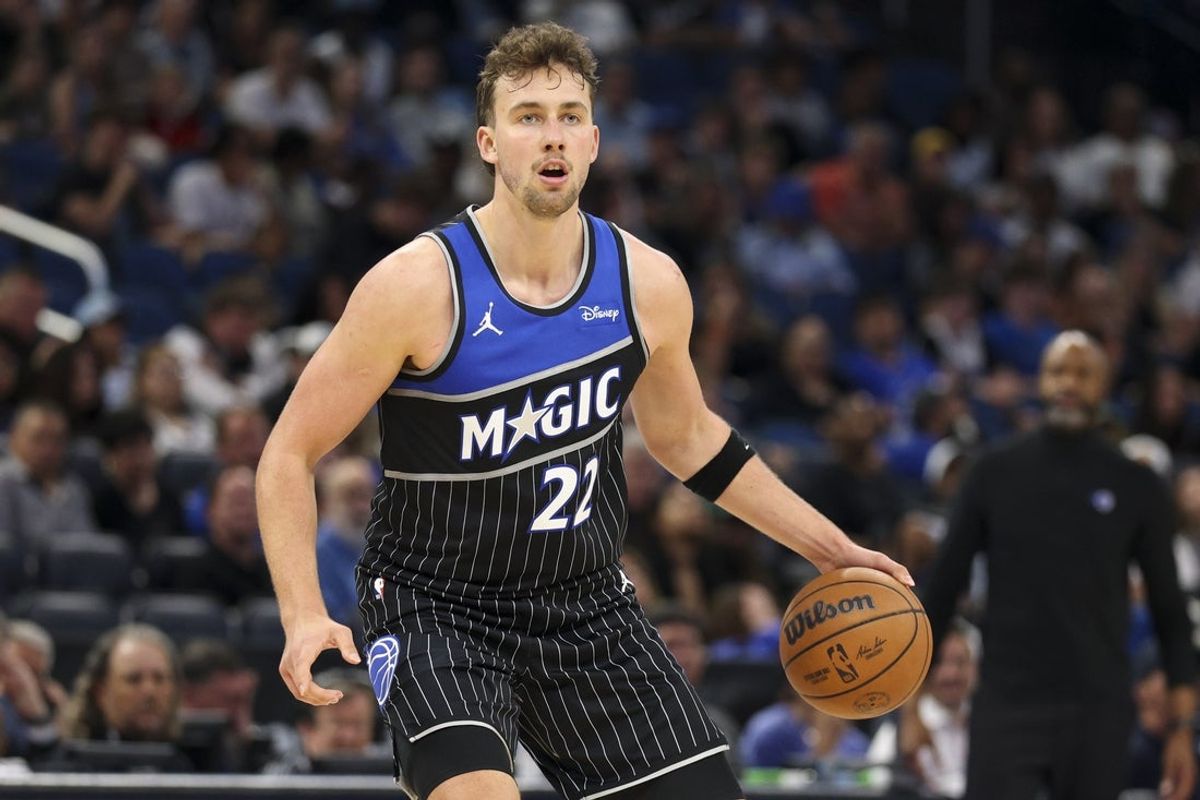 Apr 1, 2026; Orlando, Florida, USA; Orlando Magic forward Franz Wagner (22) controls the ball against the Atlanta Hawks in the fourth quarter at Kia Center. Mandatory Credit: Nathan Ray Seebeck-Imagn Images