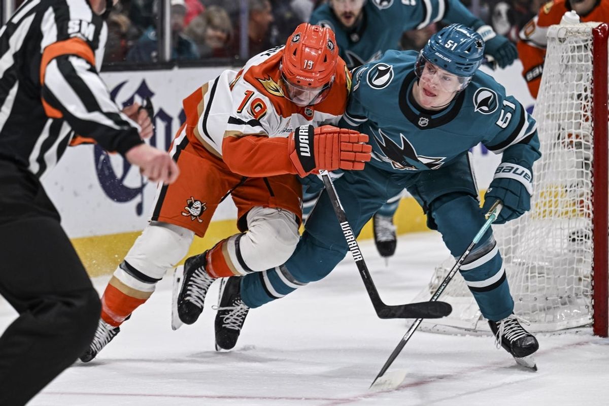 Apr 1, 2026; San Jose, California, USA; Anaheim Ducks right wing Troy Terry (19) and San Jose Sharks right wing Collin Graf (51) go for the puck during the first period at SAP Center at San Jose. Mandatory Credit: Justine Willard-Imagn Images